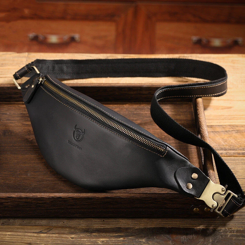 (image for) BULLCAPTAIN Genuine Leather Men's Belt Bag Crazy Horse Leather Casual Crossbody Bag Classic Retro Chest Bag Outdoor Storage Mountaineering Mobile Phone Bag Waist Bag